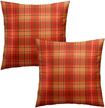 Fall Plaid Throw Pillow Covers 18x18inch Set of 2 Burnt Orange Buffalo Plaid Print Pillowcase Autumn Colored Tartan Thanksgiving Farmhouse Seasonal Decorative Cushion Cases for Home Sofa Patio