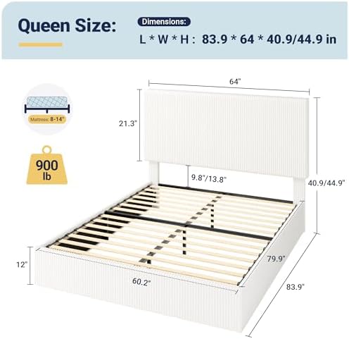 Allewie Queen Bed Frame, Adjustable Corduroy Headboard, Platform, White
