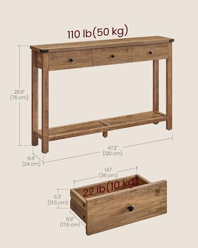 VASAGLE 47.2" Narrow Console Table with 3 Drawers and Open Storage Shelf