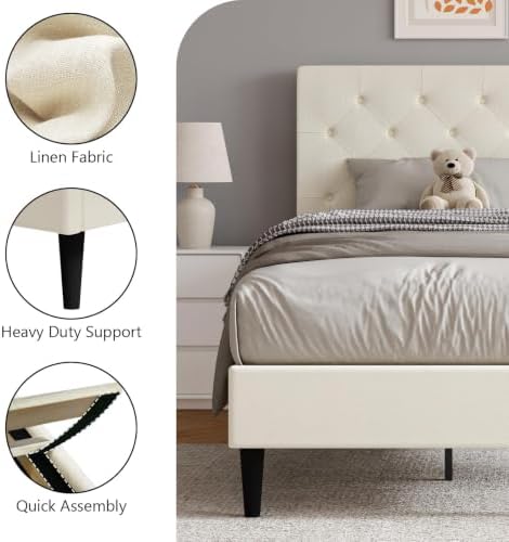 HOMBCK Twin Size Bed Frame with Adjustable Headboard, Cream