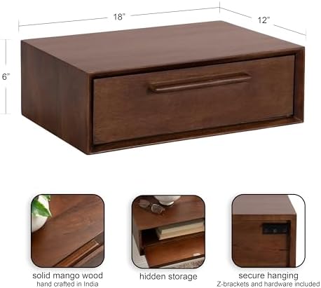 Kate and Laurel McCutcheon Floating Wood Storage Shelf, 18 x 12 x 6, Walnut Brown, Decorative Transitional Floating Bedroom Nightstand with a Concealed Cubby Compartment