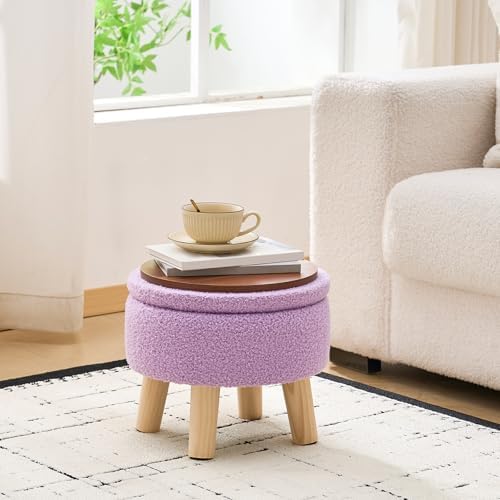 Wimarsbon Round Storage Ottoman,Footstool with Padded Seat and Wood Legs