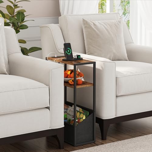 TUTOTAK Narrow Side Table with Charging Station, Slim End Table