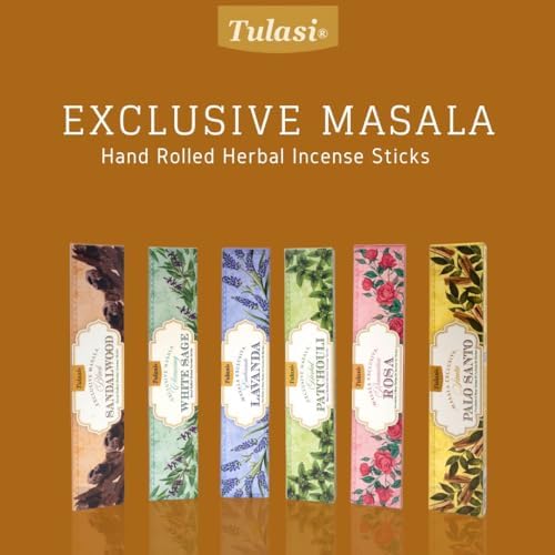 Tulasi Herbal Masala Incense Sticks Assorted/Variety Pack – 120 Hand Rolled Sticks, 6 Natural Scents | Sandalwood, Lavender, Patchouli, Palo Santo, White Sage | Aromatherapy