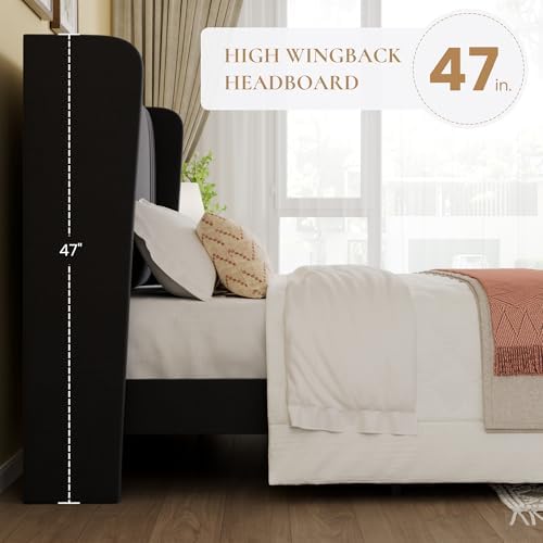SHA CERLIN King Velvet Upholstered Bed Frame, Wingback Headboard, Black