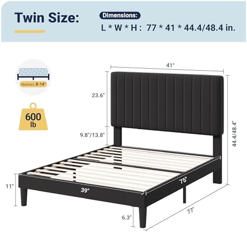 Allewie Twin Bed Frame, Velvet Upholstered Platform Bed with Adjustable Vertical Channel Tufted Headboard, Mattress Foundation with Strong Wooden Slats, Box Spring Optional, Easy Assembly, Black