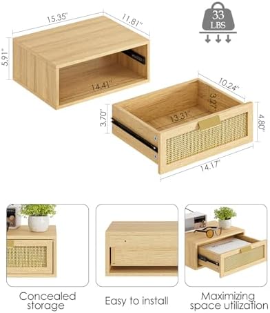 Aienvey Floating Nightstand, Floating Shelf with Drawer, Oak Rattan