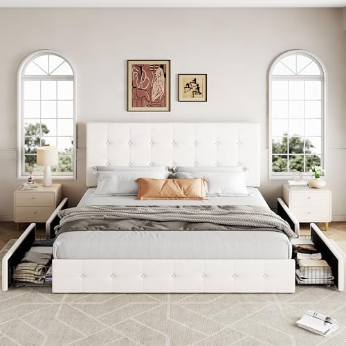 Allewie King Size Storage Bed Frame with 4 Underbed Drawers, Upholstered Platform Bed with Adjustable Headboard, Square Button Tufted, Easy Assembly, Noise-Free, No Box Spring Needed, Soft White