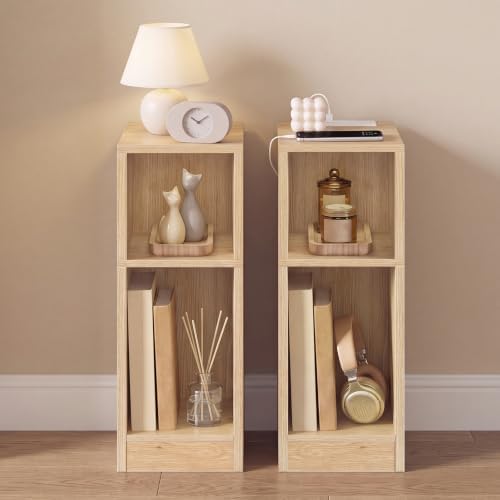 MAHANCRIS Set of 2 Narrow Nightstand, Narrow End Table with Charging Station, Skinny Bedside Table for Small Spaces, Mid Century Modern Night Stand for Bedroom, Living Room, Natural ETNA30E01S2