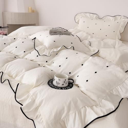 Polka Dot Twin Duvet Cover Set Off White Embroidered Twin Comforter Cover Soft Ruffled Washed Brushed Microfiber Zipper Duvet Cover Set with Pillow Cases Teen Girl Bedding Cream Duvet Protector