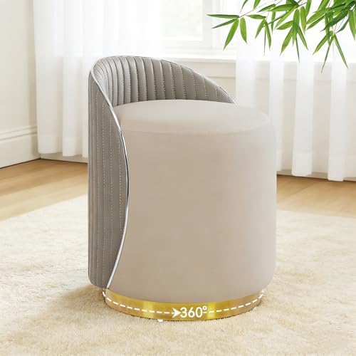 Vanity Chair with Back, Leather Vanity Stool - 360° Swivel Makeup Chair, No Assembly Upholstered Comfy Makeup Stool Ottoman for Bedroom, Dressing Room, Living Room, Grey