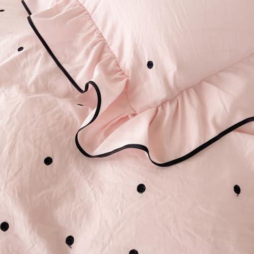 Girls Pink Duvet Cover Set Full Cute Polka Dot Duvet Cover with Romantic Ruffle, Soft 3 Pieces Princess Style Bedding Set for Kids Girls, Embroidery Dots Ruffled Comforter Cover with 2 Pillowcases