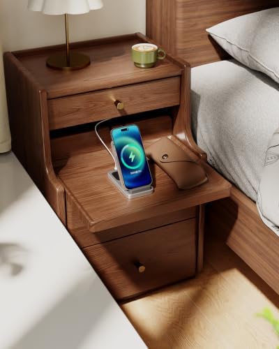 Solid Wood Narrow Nightstand with 3 Drawers,Walnut 15.7",Fully Assembled
