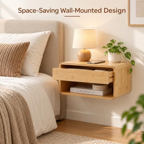 Bamboo Floating Nightstand with Storage Drawer for Living Room Office