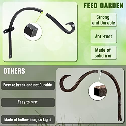FEED GARDEN Plant Hooks 2 Pack 18 Inch, Solid 8mm Steel Wall Mounted Hanging Brackets, 70 lb Rated, 1.6" Hook Opening, for Bird Feeders Baskets Wind Chimes, Indoor Outdoor