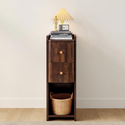 Narrow Nightstand Set of 2, Wooden Small 2 Drawer Nightstand, Slim Side End Table, Skinny Bedside Table, Mid Century Modern Night Stand with Drawers for Bedroom (Cherry Walnut-2 pcs)