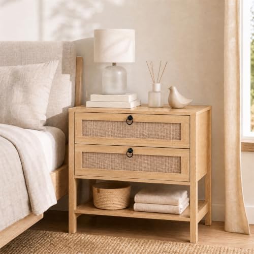 GIANTEX Rattan Nightstand with 2 Drawers, 27" Wide Boho Bedside Table