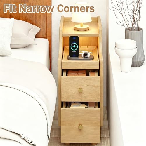 KOMFOTT Narrow Nightstand with Drawers, Solid Wood Bedside Table with Pull-Out Tray & 2 Storage Drawers, Slim Sofa End Table with Cable Management for Small Spaces, Bedroom (Natural,8" x 16" x 20",2)