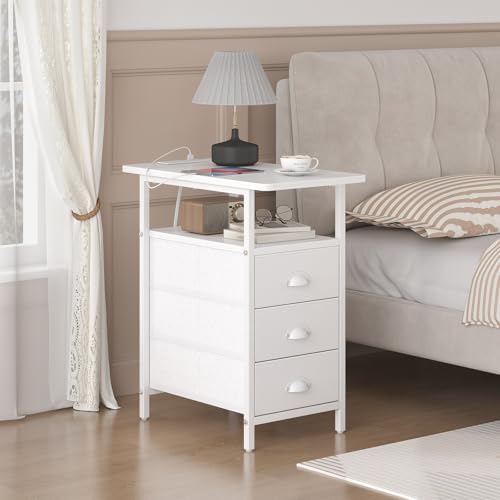 sthmec End Table with Charging Station, Side Tables Livingroom with USB Ports and Outlets,Narrow Nightstands Bedside Tables with 3 Drawers PU Finish for Small Space,Slim Sofa Table Bedroom,White