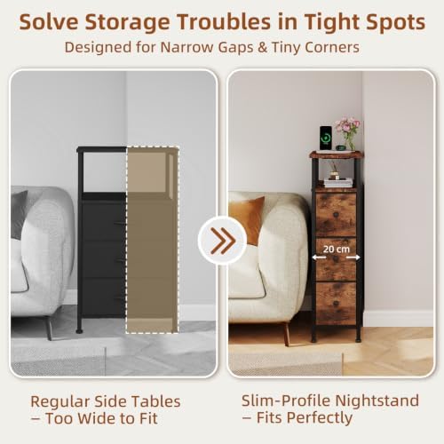 Somdot Narrow End Table Set of 2, Charging Station, Side Table, 3 Drawers