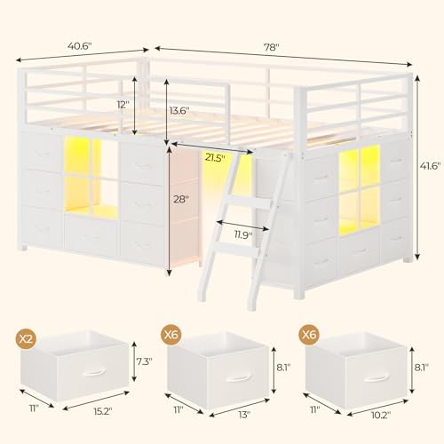 Low Loft Bed Twin Size with 14 Storage Drawers & 2 Shelves, White