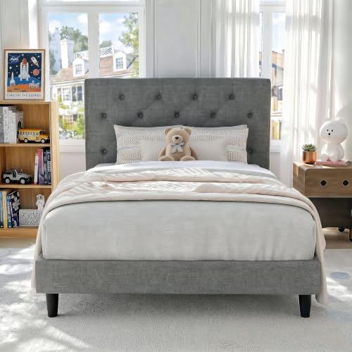 HOMBCK Twin Size Bed Frame with Adjustable Headboard, Light Grey