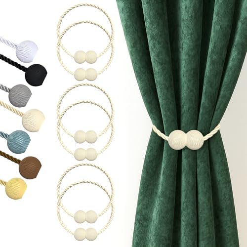 Hion Magnetic Curtain Tiebacks Beige 6pcs, Curtain Holdbacks Hooks Holders