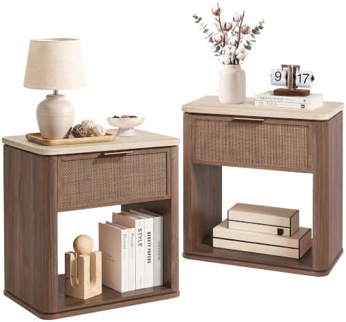 Night Stand Set of 2, Rattan Nightstand with 1 Drawer&Open Shelf