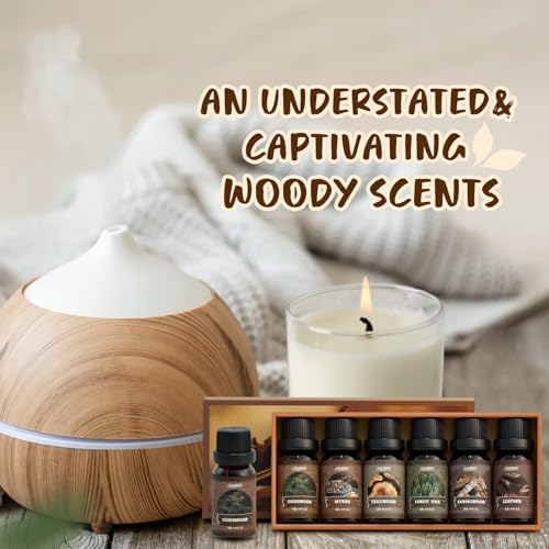 SALUBRITO Woody Fragrance Oils Set, Wood Essential Oil Set for Diffuse, Forest Pine, Sandalwood, Leather, Teakwood, Myrrh, Cedarwood Scented Oil for Candle, Soap Making