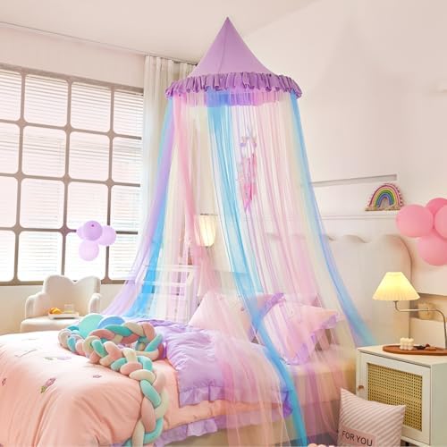Kertnic Rainbow Bed Canopy for Girls Dreamy Mosquito Net for Bed Round Dome Princess Bed Canopy Girl Room Play Tent Canopy Bed Netting Curtains (Single Layer- Purple)