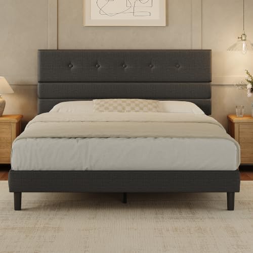 GRUSIGN Queen Size Bed Frame with Linen Fabric Headboard, Adjustable Height Upholstered Platform Bed Frame with Wooden Slats, Easy Assembly, Black