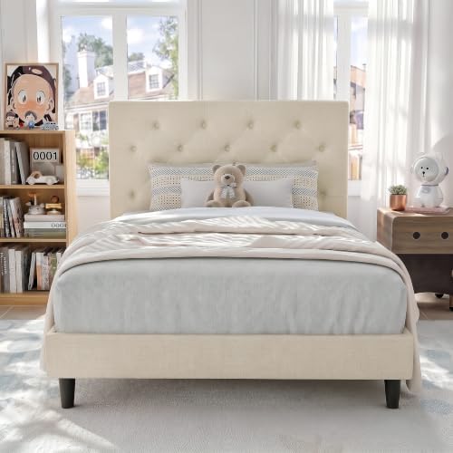 HOMBCK Twin Size Bed Frame with Adjustable Headboard, Cream