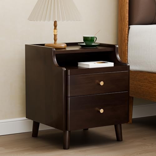 Nightstand with Drawers, Pre-Assembled, 19.7" H Natural Solid Wood Night Stand with Open Sliding Shelf, Mid Century Modern Small Bedside Table Cabinet for Bedroom, Black Walnut 16"