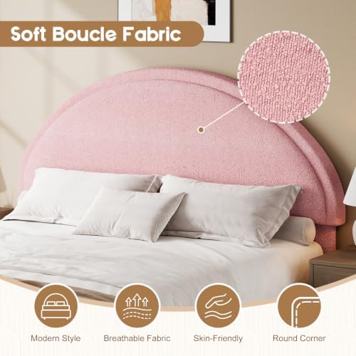 REVOMINCA Queen Bed Frame, Upholstered Platform Bed with Headboard, Boucle Bed Frame with Round Corner, No Box Spring Required, Easy Assembly, Pink