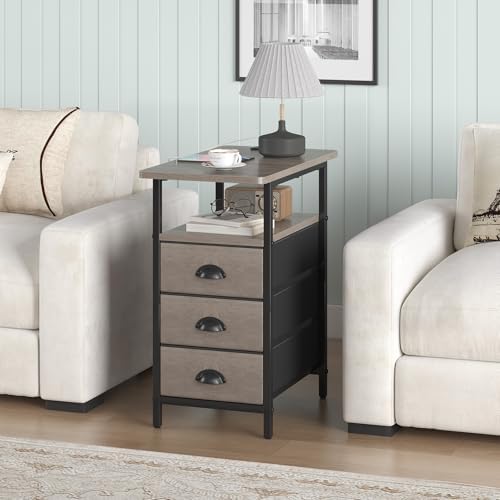 sthmec End Table with Charging Station, Side Tables Livingroom with USB Ports and Outlets,Narrow Nightstands Bedside Tables with 3 Drawers for Small Space,Slim Sofa Table Bedroom,Grey