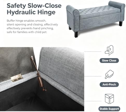 51 Inch Dark Gray Linen Storage Ottoman Bench with Rolled Armrests
