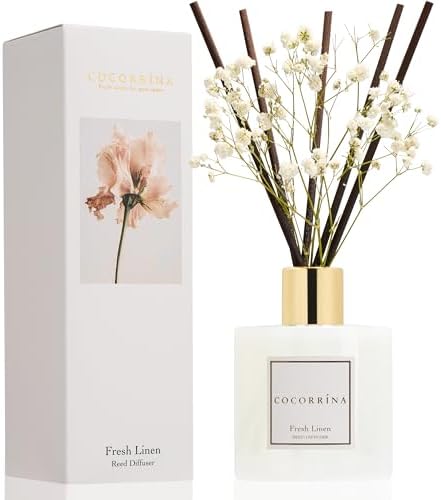 COCORRÍNA Reed Diffuser - Fresh Linen 6.7 fl oz Reed Diffuser with Sticks, Home Bedrrom Bathroom Shelf Decor