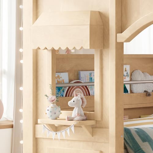 Twin Size Wooden Playhouse Loft Bed with Windows, Light Natural