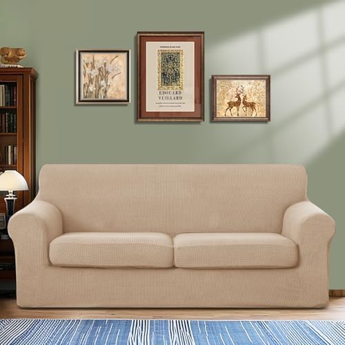 3 Pieces Stretch Couch Cover for 2 Cushion, Sofa, Camel