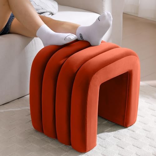 Rust Velvet Ottoman Stool, Backless Vanity Stool, Footrest for Couch