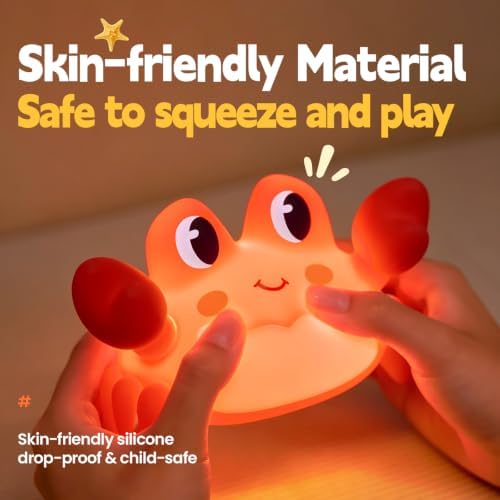 ATSUI Crab Night Light for Kids, Food Grade Silicone, Rechargeable, Tap Fun Kawaii Lamp for Kids Room, Adjustable Brightness, Cute Stuff for Boys Girls, Cute Gifts for Baby Children