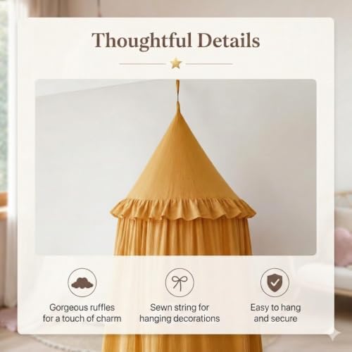 Bed Canopy for Girls, Princess Crib Canopy for Nursery, Dreamy Soft Hanging Canopy for Toddler Bed, Twin & Full Size, Kids Bed Canopy for Girls Room Decor & Reading Nook, Golden Yellow