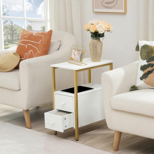 HOOBRO End Table with Charging Station, Narrow Side Table with 2 Drawer & USB Port & Power Outlets, Nightstand for Small Spaces, Stable and Sturdy, for Living Room, Bedroom, Gold and White DW541BZ01