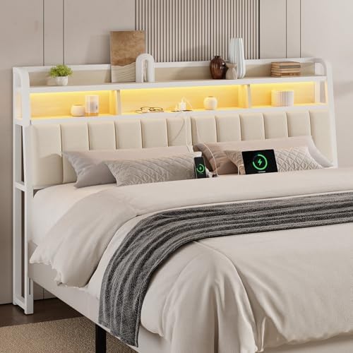 ONBRILL Ergonomic Headboard King Size with 2-Tier Storage, Off White