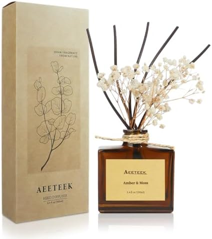 Reed Diffuser, Amber & Moss Essential Oil Diffuser with Dried Flowers, 3.4 oz Scented Oil Air Freshener, Handmade Home Decor, Long-Lasting Room Scent Fragrance for Office, Bathroom