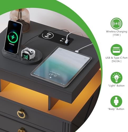 HENBC Nightstand with Gun Drawer, LED Night Stand with Charging Station, Smart End Table with Bedside Table for Bedroom/Study Room,3 Colors Human Sensor Lights Furniture (Black)
