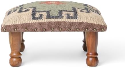 Upholstered Ottoman Footstool with Tribal Aztec Fabric | Rustic Wooden Accent Stool with Turned Legs | Decorative Foot Rest for Bedroom, Living Room & Hallway (White)