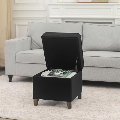 Adeco 17.5" Square Fabric Ottoman with Storage - Upholstered Cotton Linen Foot Rest - Flip Top Footstool with Sturdy Wood Legs, Small Cube Coffee Table Extra Seat for Living Room, Bedroom, Black