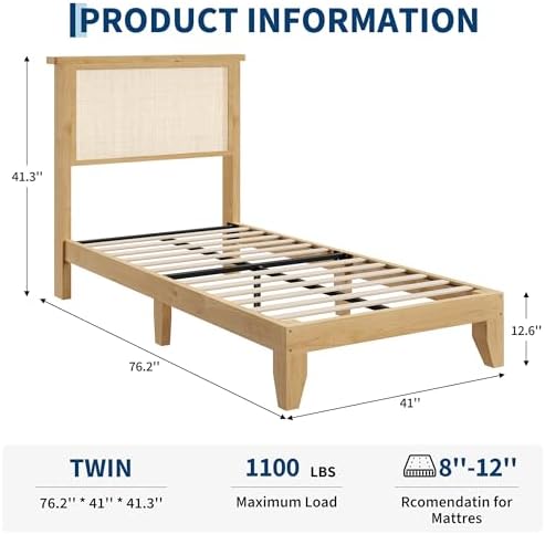 Jojoka Rattan Bed Frame with Natural Headboard & LED Lights - Sturdy Wood Slats, Silent Plain Legs, Ample Underbed Storage - No Box Spring Needed, Bedroom Furniture, Twin Size