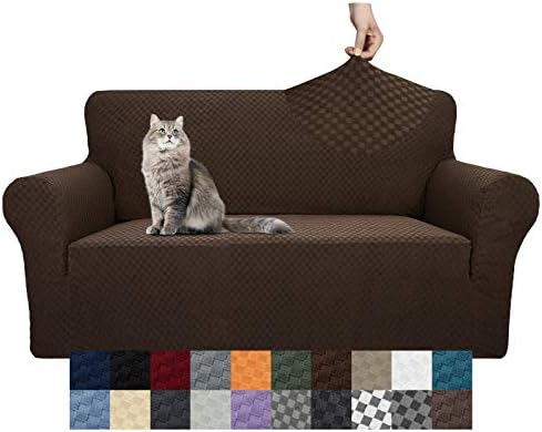 YEMYHOM Couch Cover Latest Jacquard Design High Stretch Sofa Covers for 2 Cushion Couch, Pet Dog Cat Proof Loveseat Slipcover Non Slip Magic Elastic Furniture Protector (Loveseat, Dark Coffee)